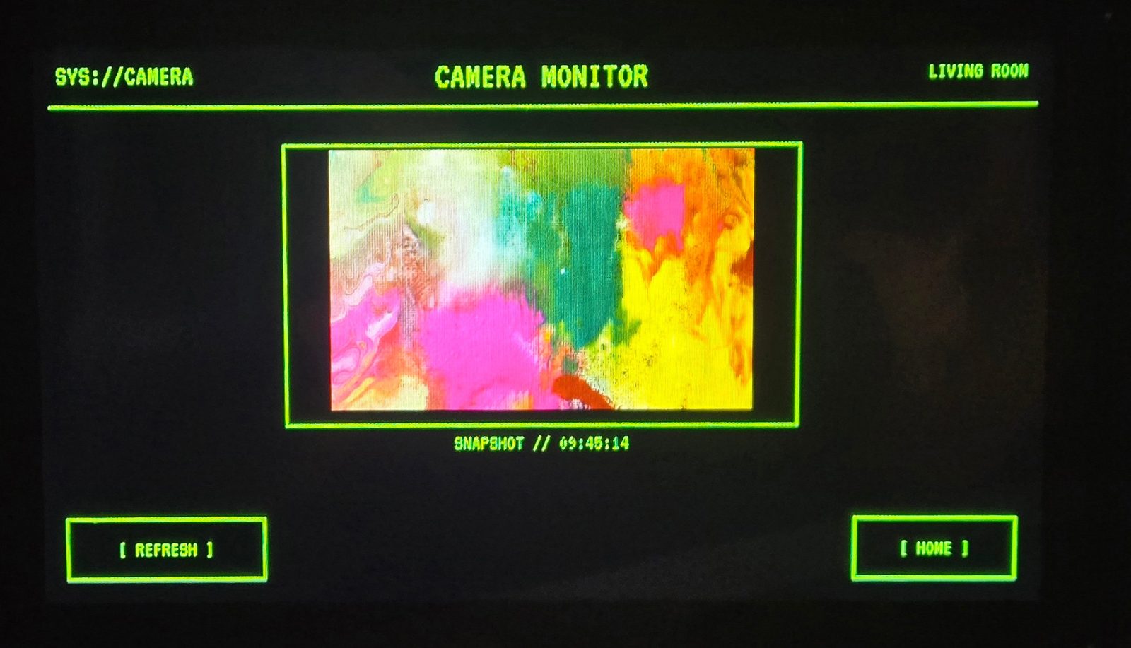 Retro-Terminal Panel camera monitor page showing a snapshot