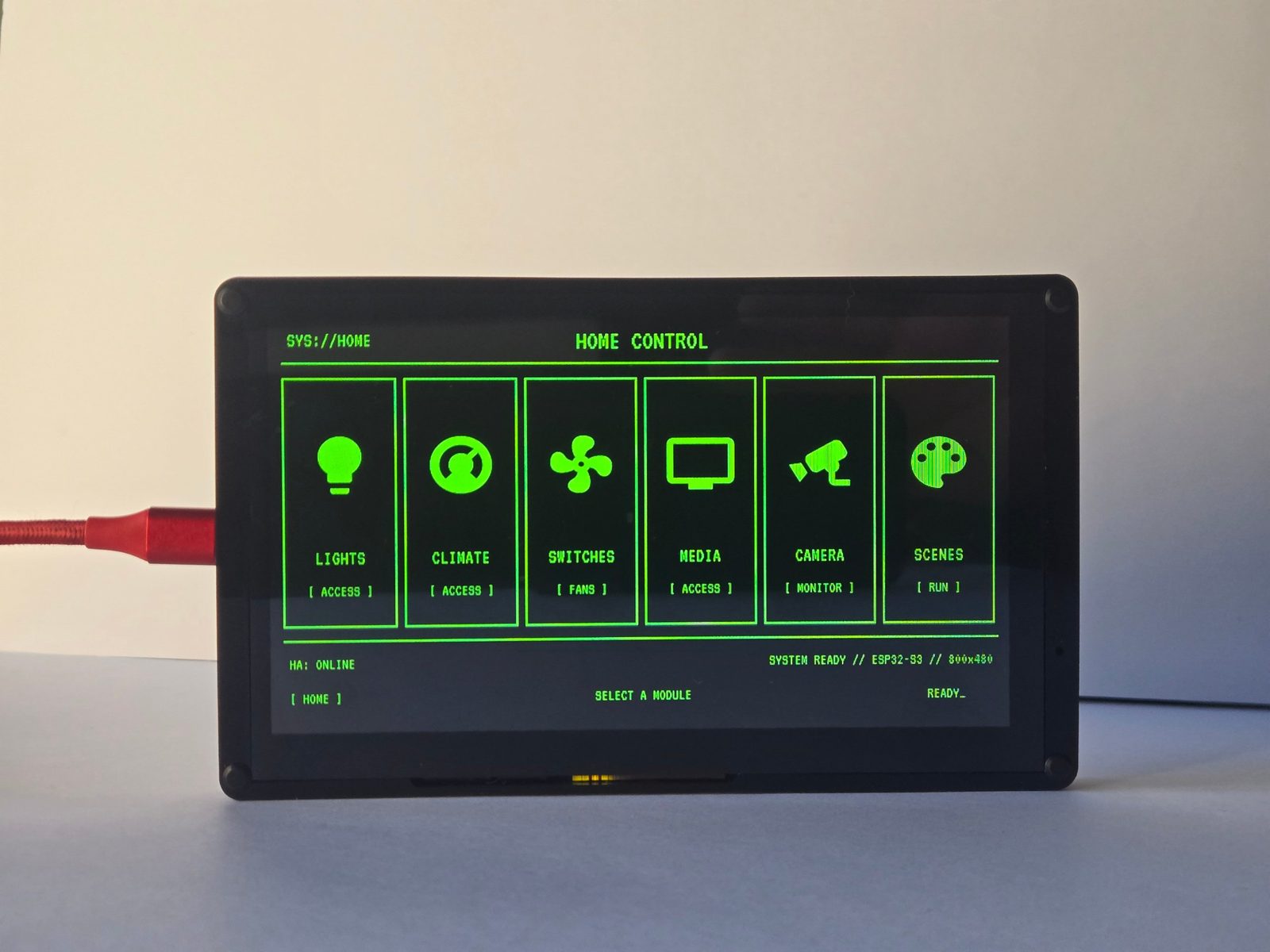 Retro-Terminal Panel home screen with Lights, Climate, Switches, Media, Camera and Scenes buttons