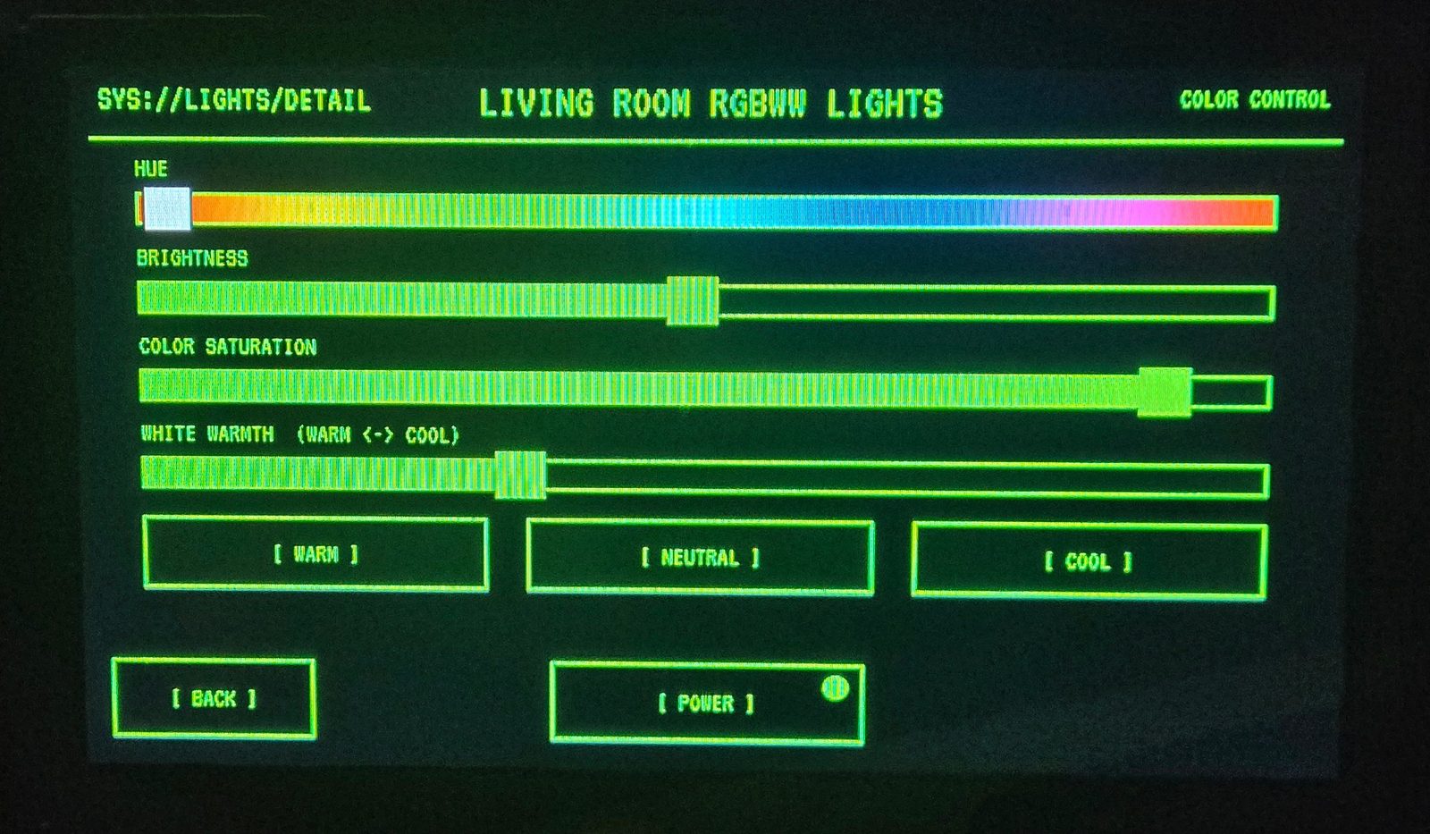 Retro-Terminal Panel color control page with hue, brightness, saturation and white warmth sliders