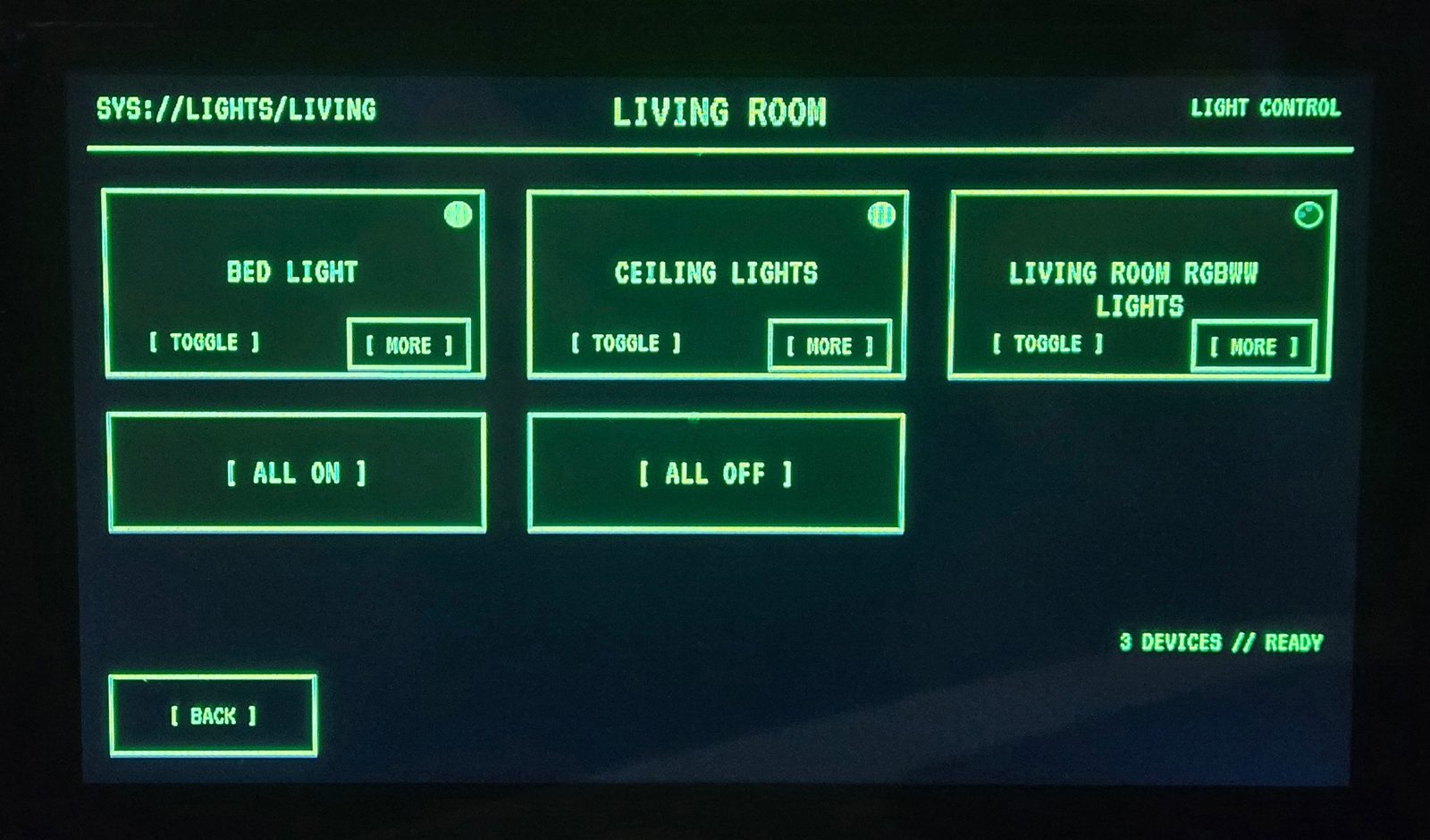Retro-Terminal Panel lights page listing three living room lights with toggle buttons