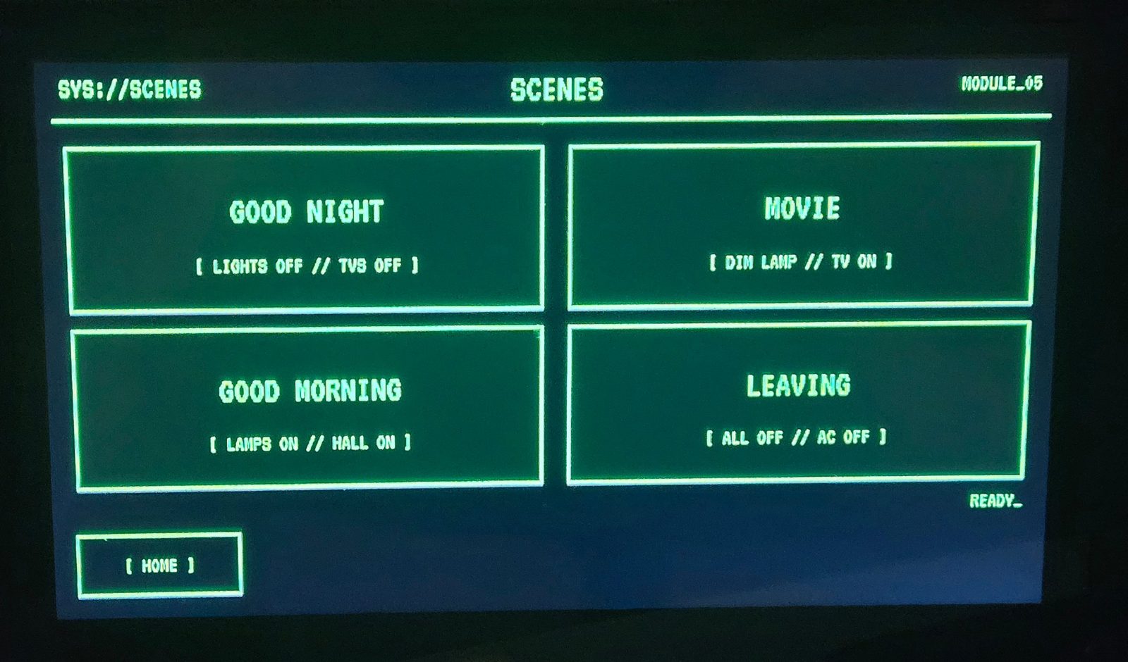 Retro-Terminal Panel scenes page with Good Night, Movie, Good Morning and Leaving buttons